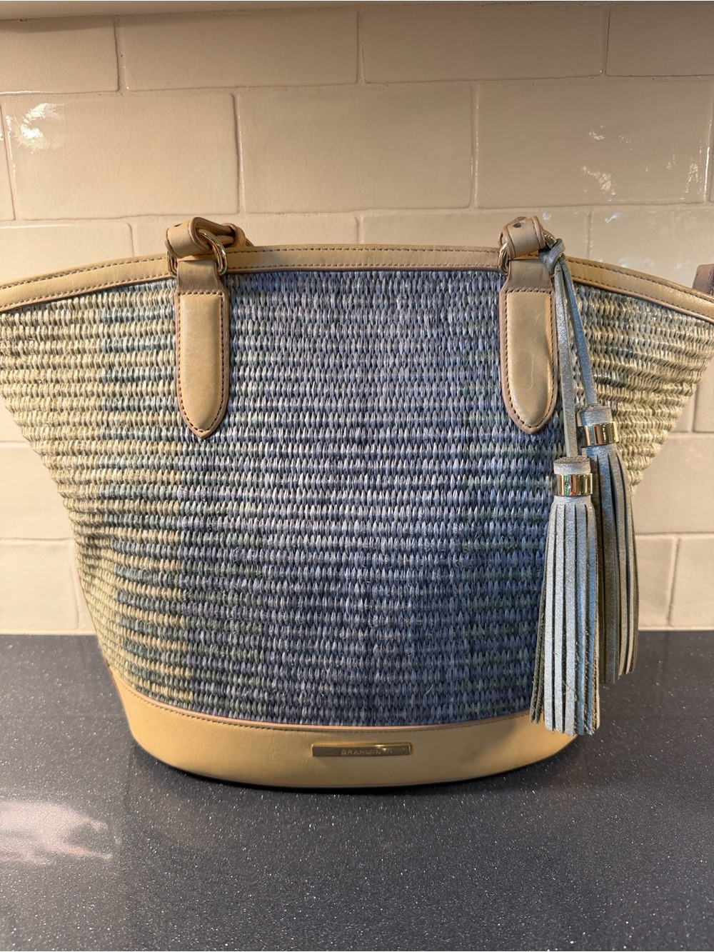 Brahmin Med Bowie Zip-top Blue-GreenWoven Tote with Tan Leather Trim